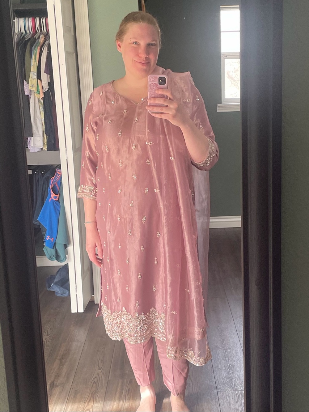 Pink beaded silk Punjabi suit with dupatta
